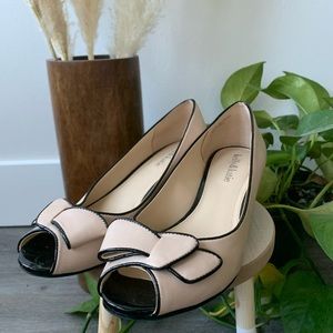 Kelly&Katie Open Toe Cream and Black Wedge with Bow